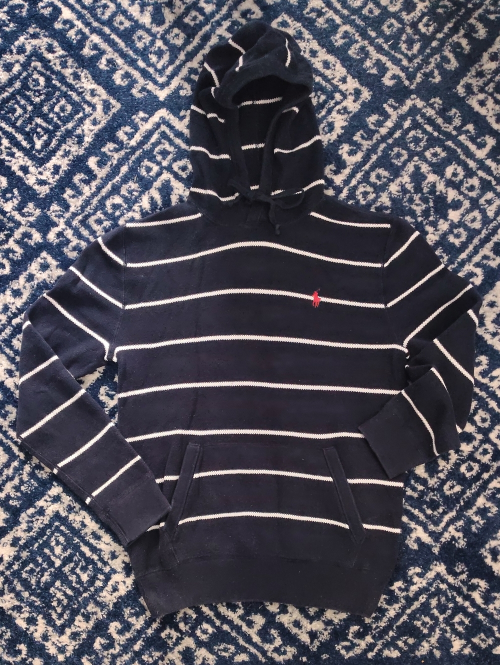 Polo by Ralph Lauren 100% Cotton Navy and White Striped Hoodie with Red Logo